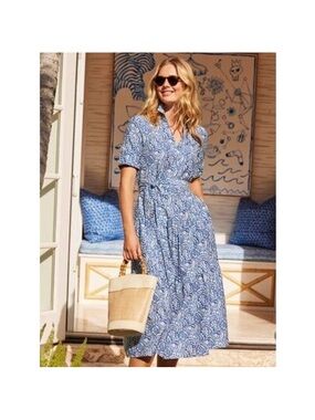 J. McLaughlin Janelle Blue Floral Belted Shirt Midi DressWaist Silk/Cotton- EUC